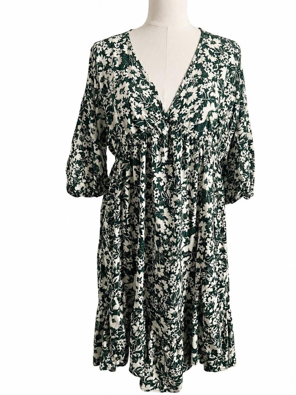 Ces Femme Floral Babydoll Dress Green White Boho Mini 3/4 Sleeve Womens